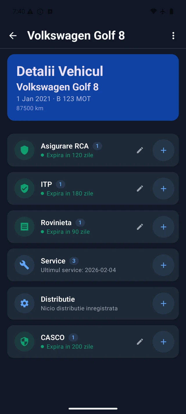 Motorix vehicle detail screen showing RCA, ITP, rovinietă, service, timing belt and CASCO with days until expiry